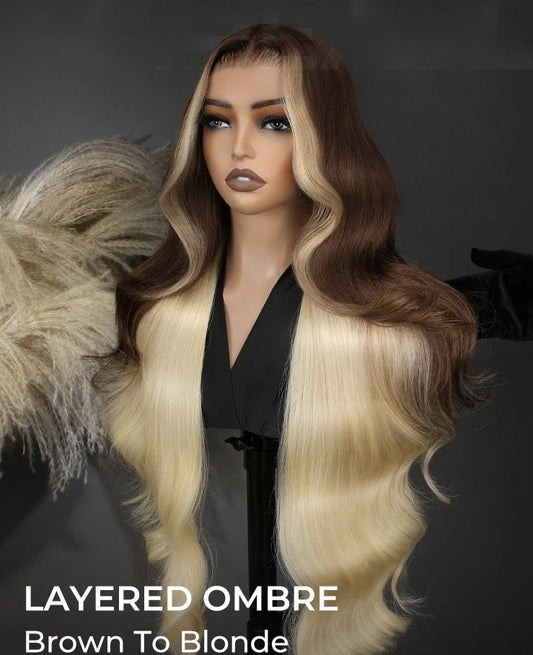 Pre-Styled Layered 250% Density Wig With Skunk Stripe Wavy Hair