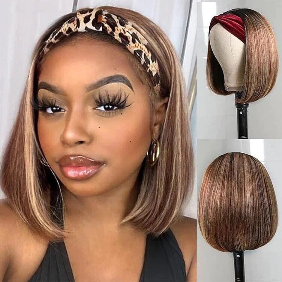 Human Hair Wigs Wig Glueless Women Headband Straight Short Bob UK #4/27