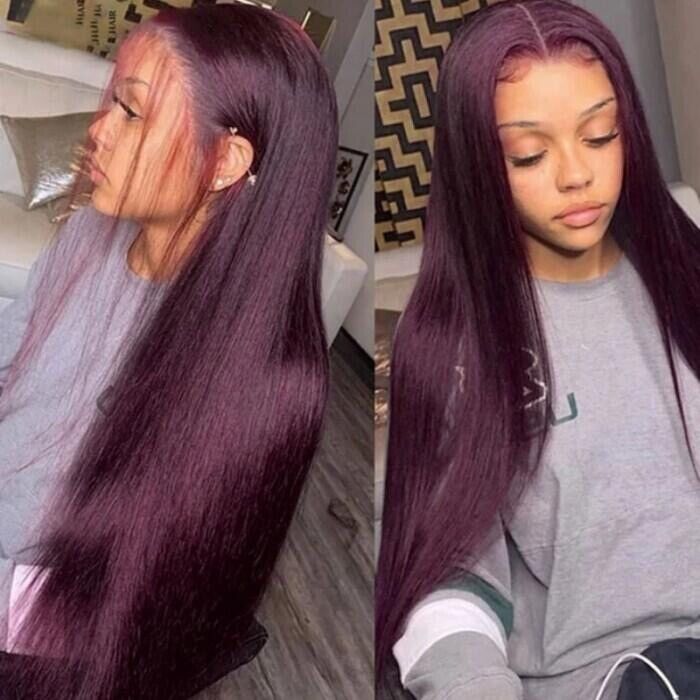 Human Hair Wigs Glueless Women Full Lace Front Straight Long Dark Purple Wig UK