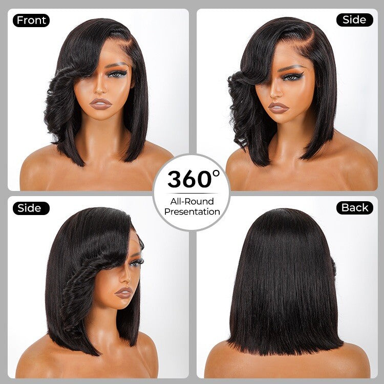 Human Hair Wigs Side Bang Layered Cut Wavy Bob Wig Glueless Women Wig UK
