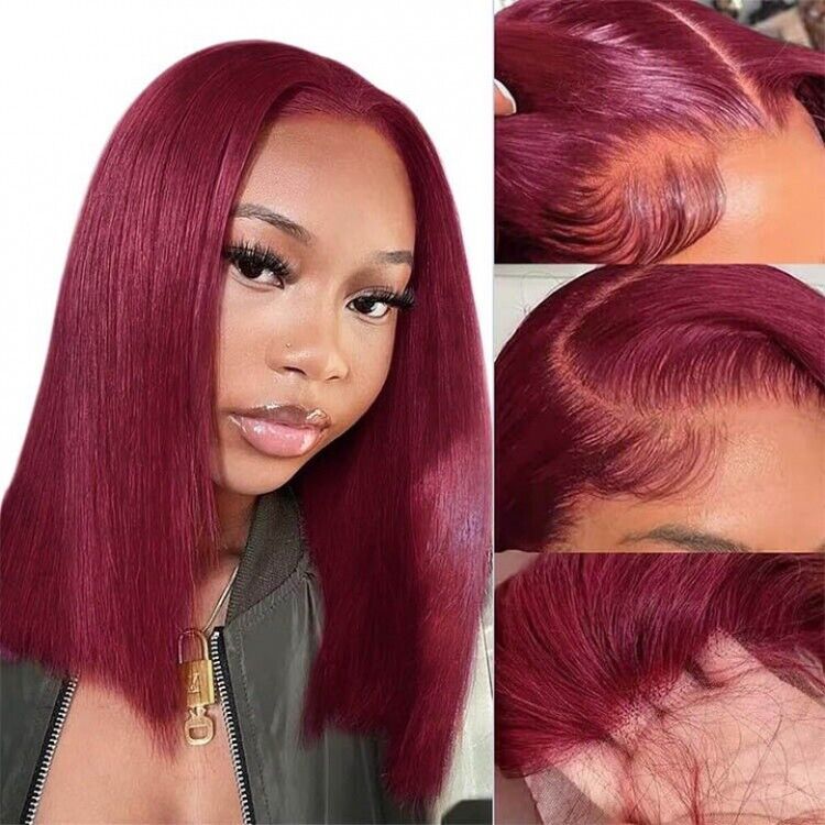 Human Hair Wigs Women Glueless Lace Front Straight Bob Burgundy 99j short Wig UK