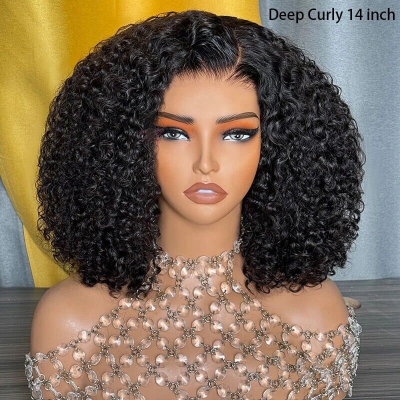 Human Hair Wigs UK Women Full Glueless Wear & Go Curly Lace Front Short Bob Wig