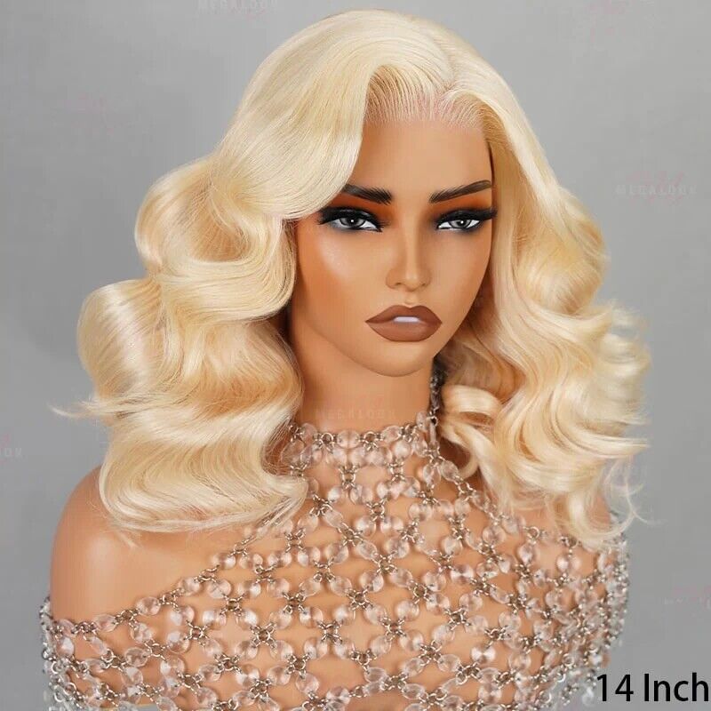 Human Hair Wig Wigs Glueless Womens Wear & Go Lace Front Blonde Short Wig UK