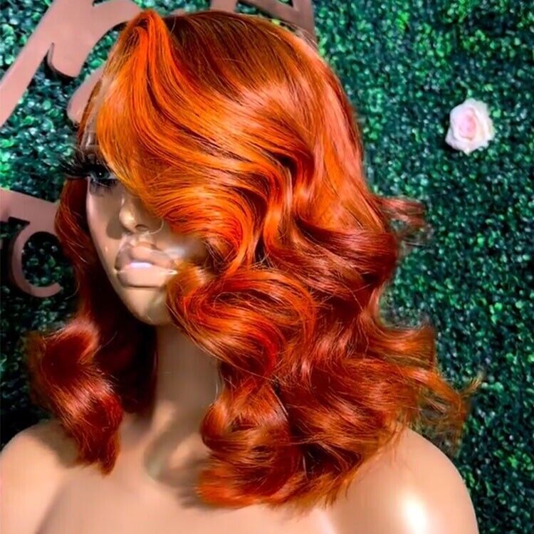 Human Hair Wigs Glueless Wavy Lace Front Cooper Red Blunt Short Bob Wig Women UK