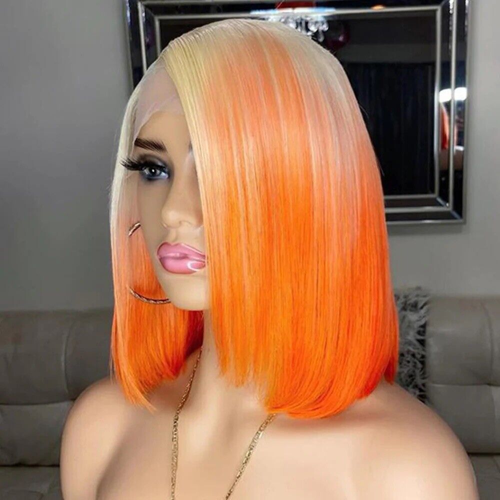 Human Hair Wig Women Bone Straight Lace Front Short Ombre 613 Orange Bob Wigs UK