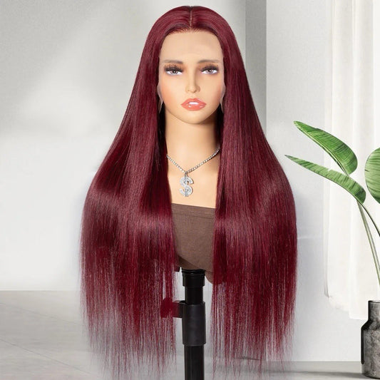 250% Density 99J Color Burgundy Bone Straight Wig Lace Front Glueless Wig