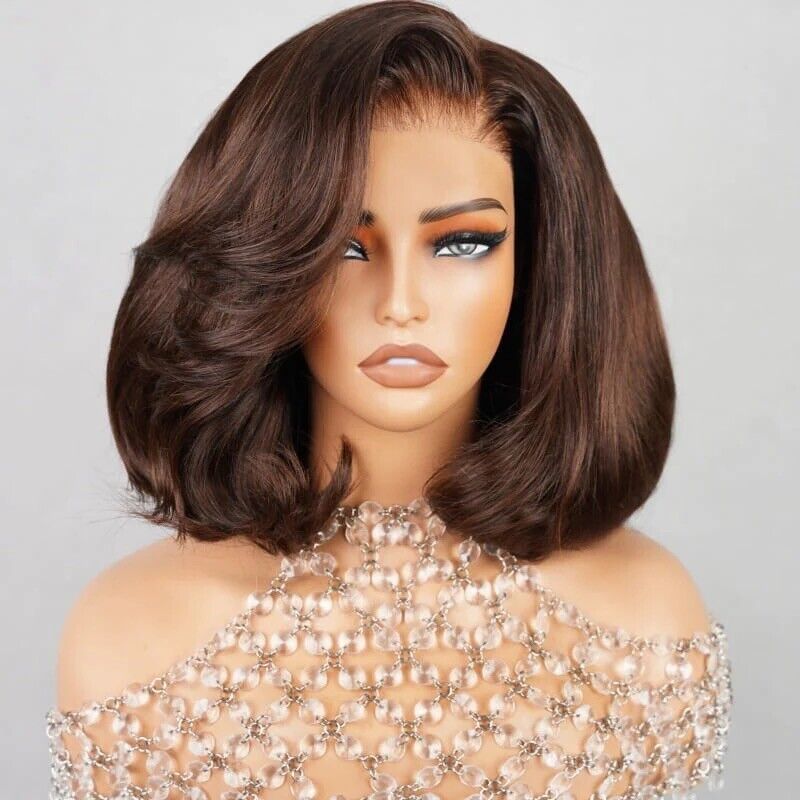 Women Human Hair Wigs Full Wavy Glueless Wear Go Lace Front Short Bob Wig UK