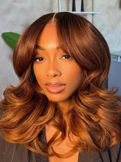 Pre-Everything Glueless Wig With Bangs Loose Wave Cinnamon Brown 250% Density 