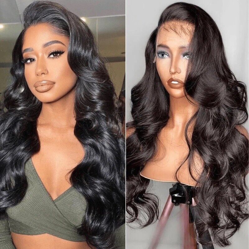 Women Human Hair Wigs Full Lace Front Wavy Crystal/Invisible Long Wig Natural UK