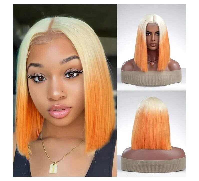 Human Hair Wig Women Bone Straight Lace Front Short Ombre 613 Orange Bob Wigs UK