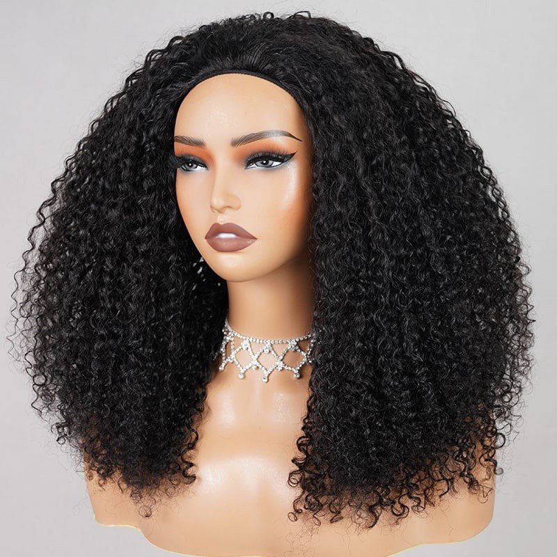 3 In 1 Half Wig Kinky Curl Wear & Go Drawsting Wig No Glue Need Clip In Seamless