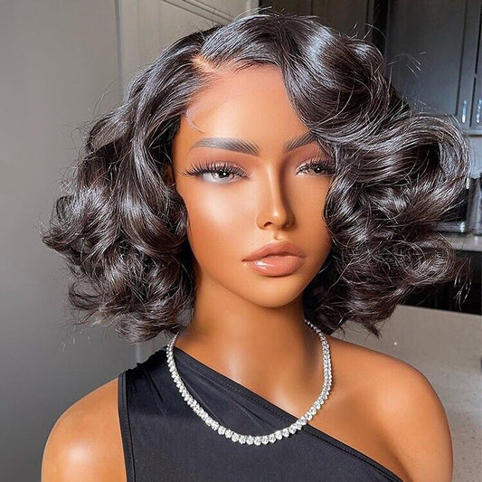 Human Hair Wigs Glueless Bouncy Lace Front Loose Wave Short Wig Women UK