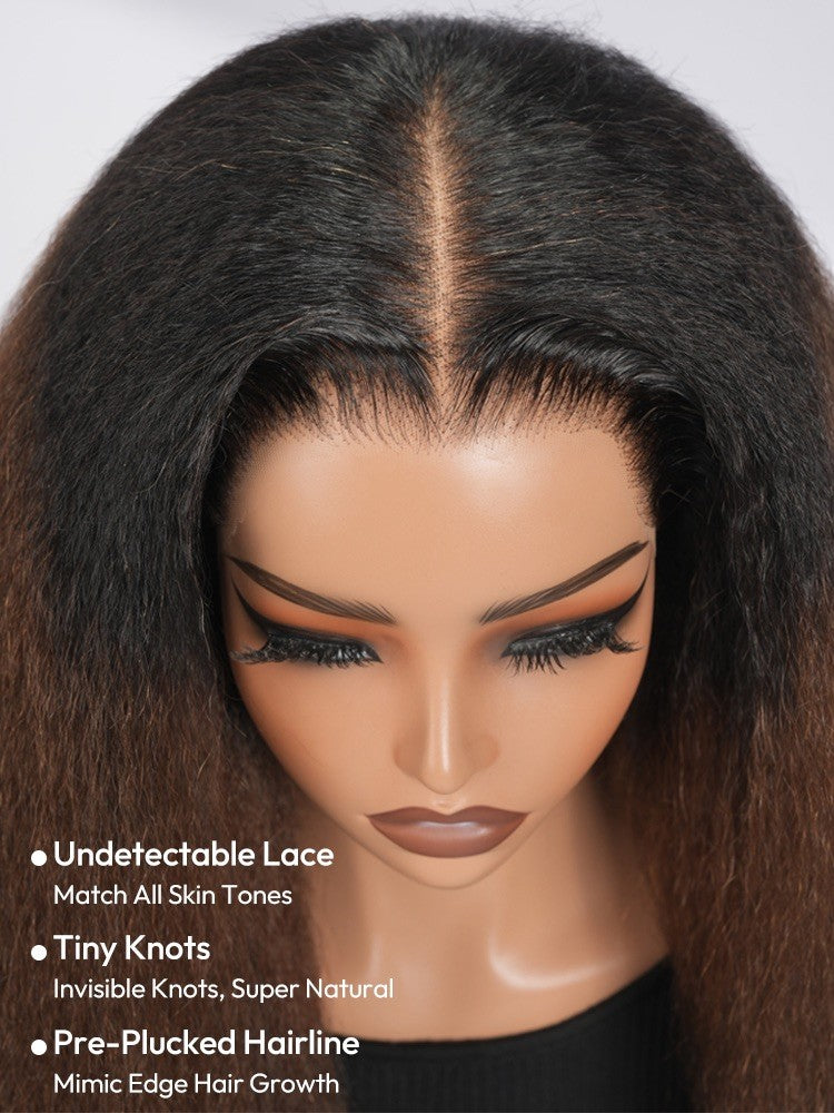 Pre Styled Brown Ombre Yaki Straight Human Hair 300% Full Density Glueless  Wig 
