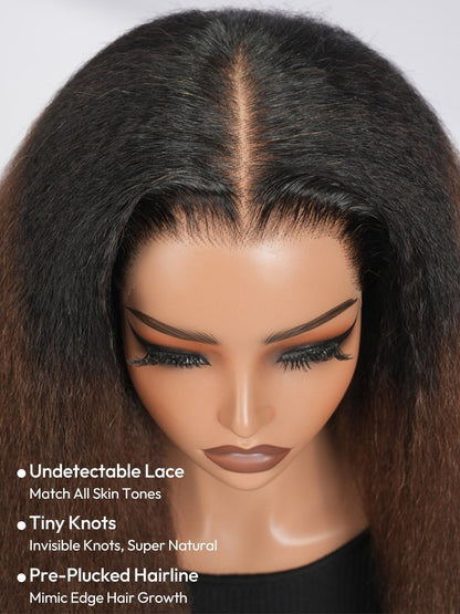 Pre Styled Brown Ombre Yaki Straight Human Hair 300% Full Density Glueless  Wig 