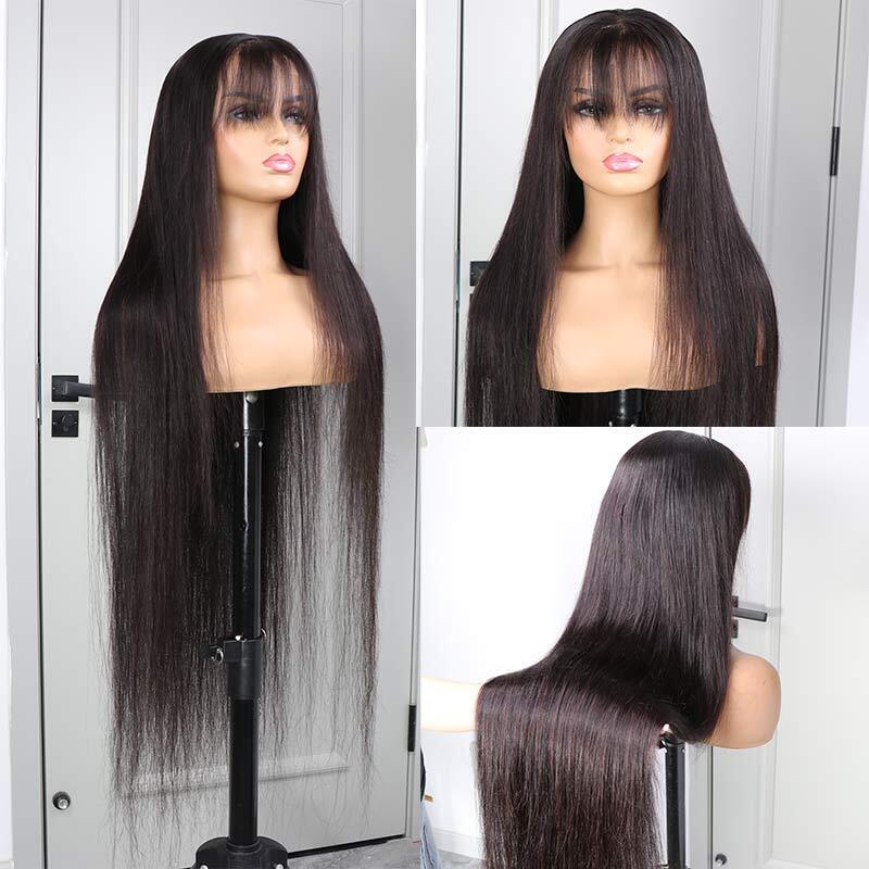 Womens Human Hair Wigs Glueless Lace Front Straight Long Wig With Bangs 210% UK