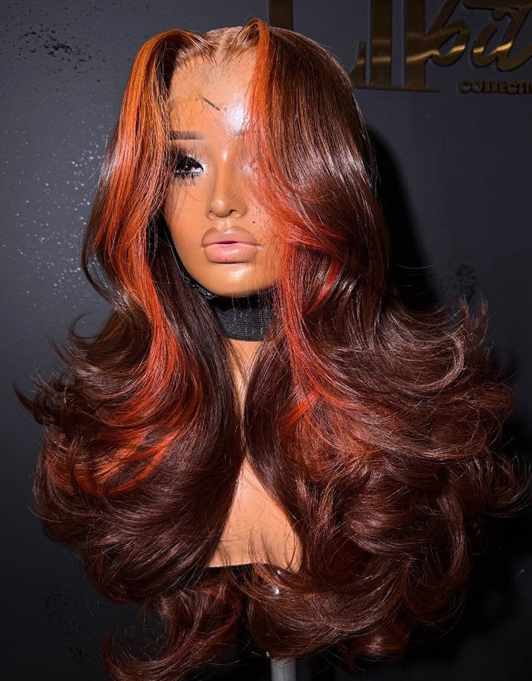 Pre Styled Layered Body Wave Ready To Go Highlights Wig With Bangs 250% Density 