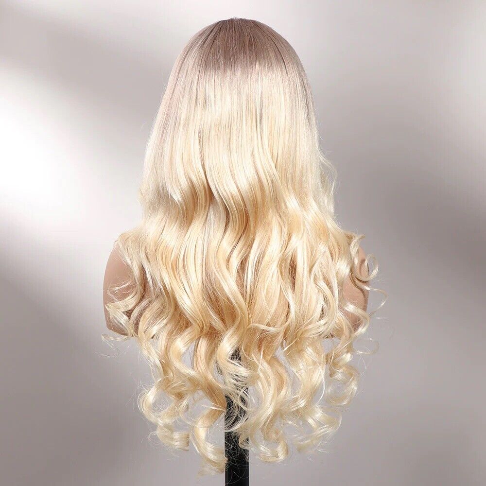 UK Women Full Wig Blonde Human Hair Wavy And Wavy Full Lace Front Long Wigs.