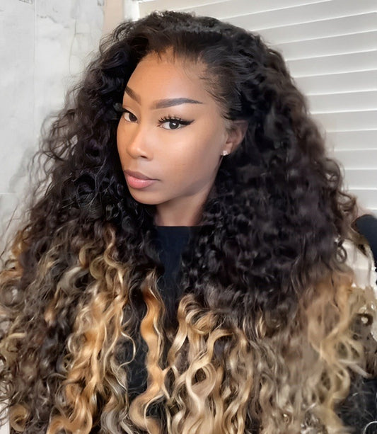 Luxury Ombre Honey Blonde Human Hair Glueless Curly  Wave Wig 250% Full Density 