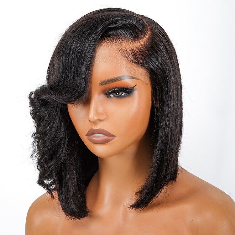 Human Hair Wigs Side Bang Layered Cut Wavy Bob Wig Glueless Women Wig UK