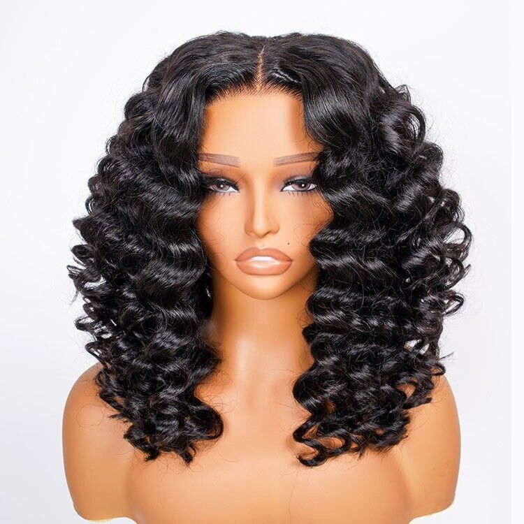 Glueless Ready To Wear Human Hair Wigs Lace Front Wand Curl Short Wig Women UK