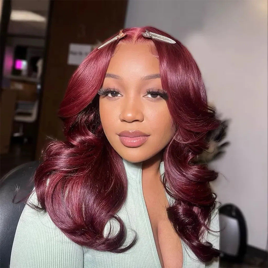 99j Burgundy Layered Loose Wave Lace Wig Glueless Lace  Shoulder Length Wig 250%