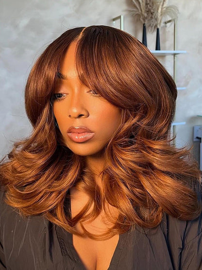 Pre-Everything Glueless Wig With Bangs Loose Wave Cinnamon Brown 250% Density 