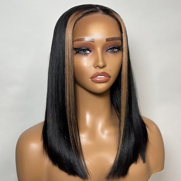 Human Hair Wigs Glueless Ready To Wear Lace Front Straight Bob Highlights Wig UK