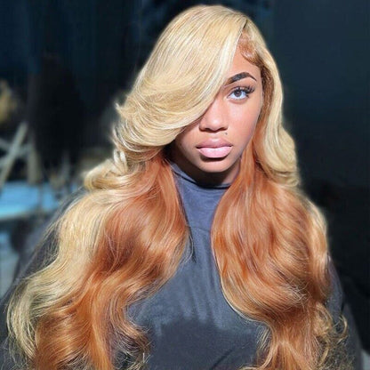 Glueless Blonde And Flaxen Brown Ombre  Human Hair Lace Front Wig 250% Density