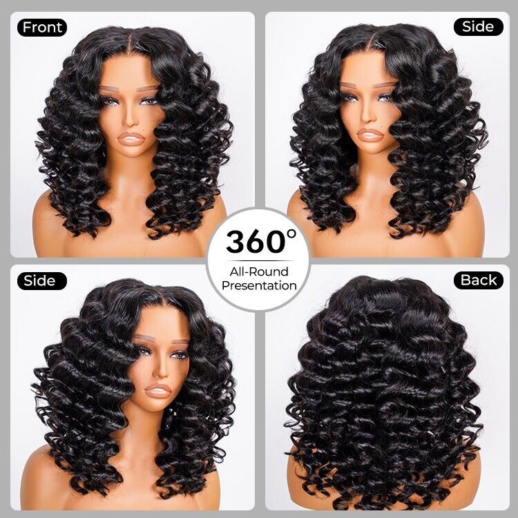 Glueless Ready To Wear Human Hair Wigs Lace Front Wand Curl Short Wig Women UK