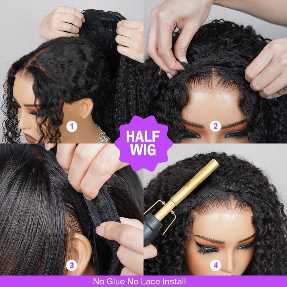 3 In 1 Half Wig Kinky Curl Wear & Go Drawsting Wig No Glue Need Clip In Seamless