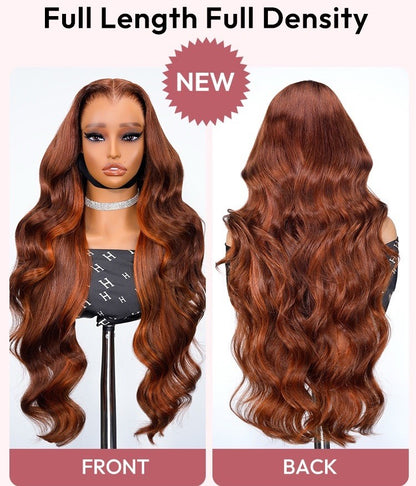 250% Density M Hairline Wavy Dark Burnt Orange Highlight Wig Human Hair Glueless