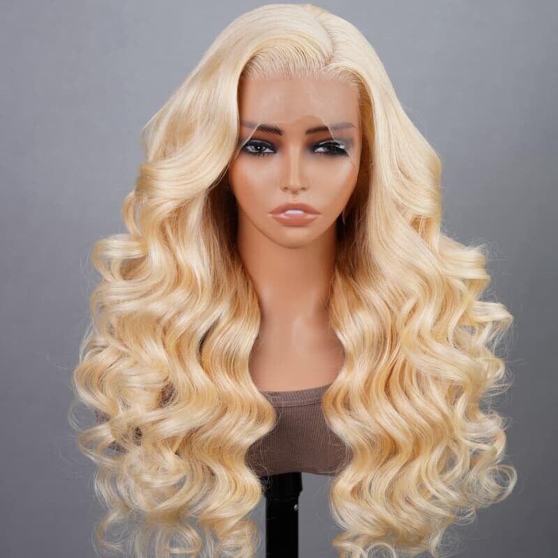 UK Women Full Wig Human Hair Straight Wavy Lace Front Long Wigs 613 Blonde