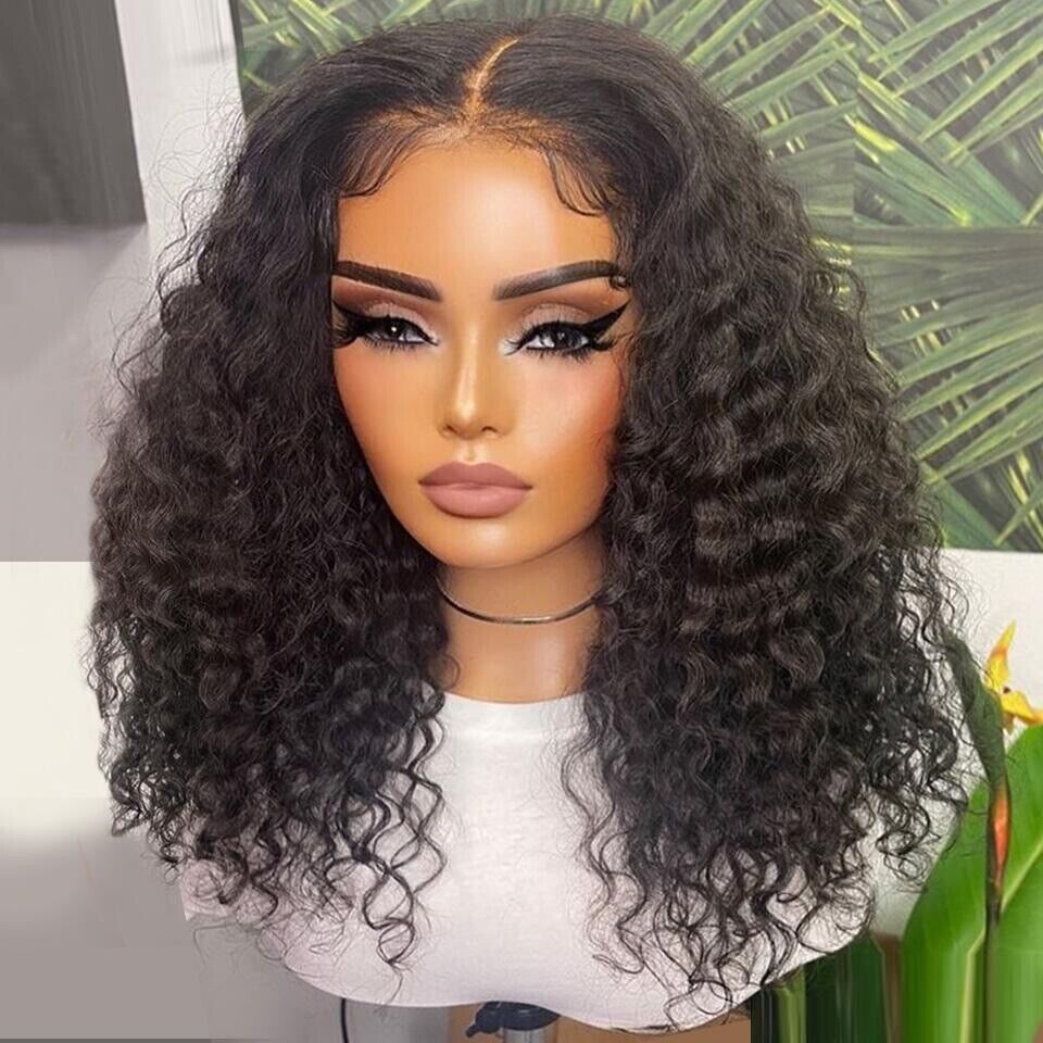 Women Human Hair Wig Glueless Deep Wave Invisible Full Lace Front Short Wigs UK