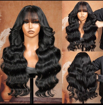 Human Hair Wigs Customised Glueless Wavy Full Density Lace Front Wig With Bangs