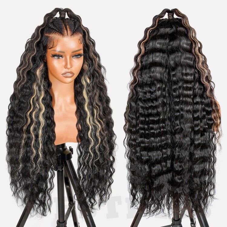 Human Hair Wigs Glueless Pre Styled Braided Lace Front Wear Go Wavy Wig Women UK