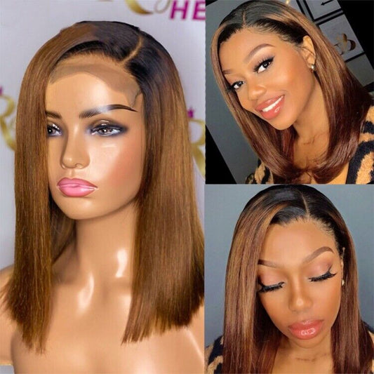 Ombré Short Bob Human Hair Ready To Go Glueless Lace Front Wig