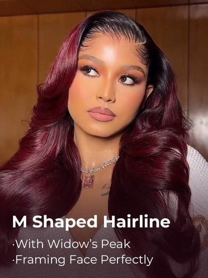 M Hairline Side Part #1B/99J Ombre Body Wave 13x6 Lace Frontal Wigs