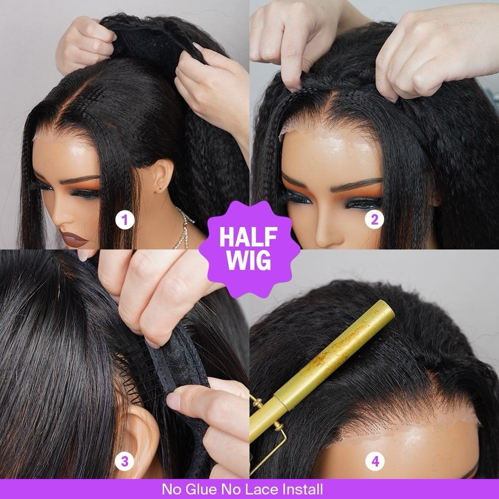 Half Wig Yaki Straight Drawstring Wigs Easy To Wear & Go 3/4 Flip Over No Glue