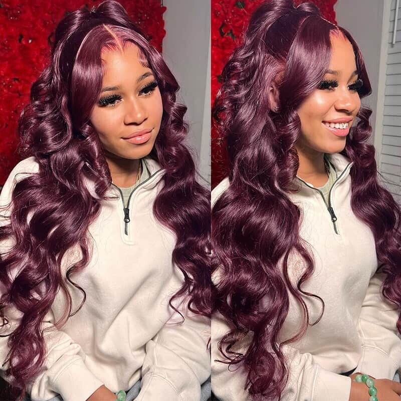 Women Human Hair Wigs Glueless Full Lace Front Dark Purple Wavy Long Wig UK