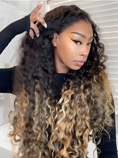 Luxury Ombre Honey Blonde Human Hair Glueless Curly  Wave Wig 250% Full Density 
