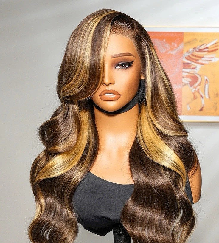 Human Hair Glueless Lace Front Pre Styled Honey Blonde Wavy 250% Density Wig