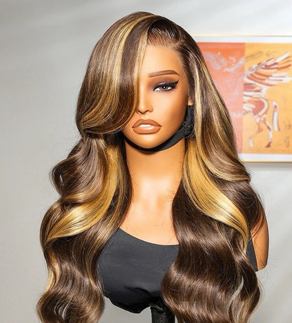 Human Hair Glueless Lace Front Pre Styled Honey Blonde Wavy 250% Density Wig