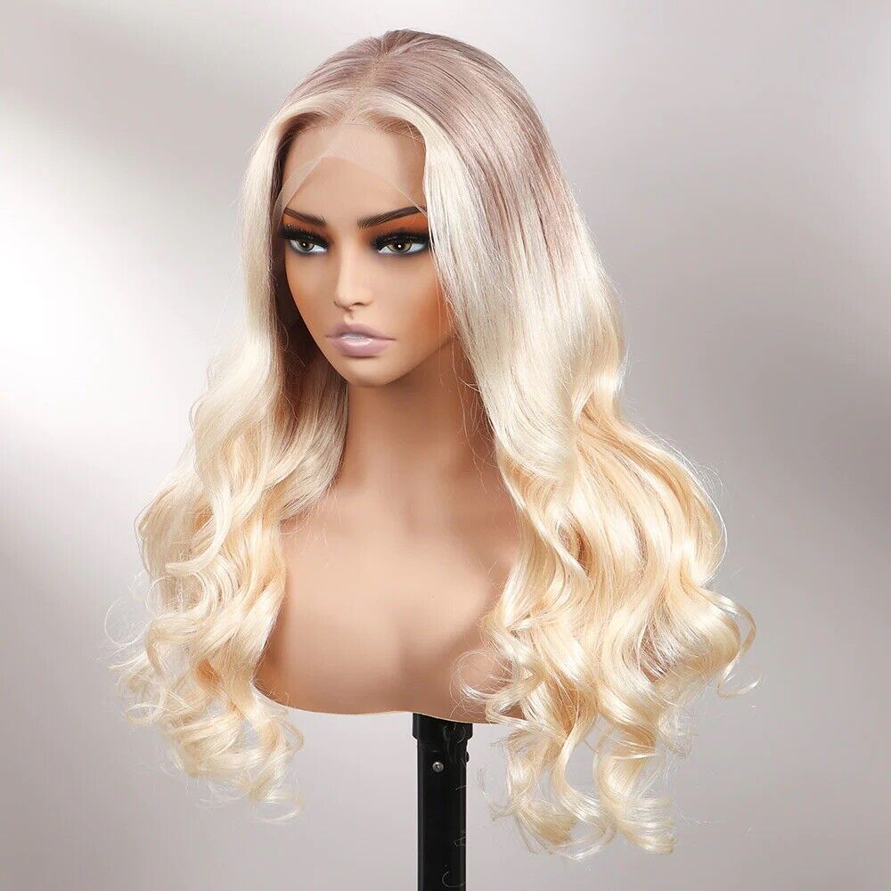 UK Women Full Wig Blonde Human Hair Wavy And Wavy Full Lace Front Long Wigs.