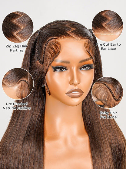 Glueless #4 Brown Pre Styled Zig Zag Part Frontal Wig Straight Lace Wig