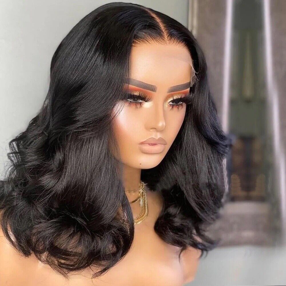 Womens Human Hair Wigs Glueless Wavy Short Full Lace Front Short Bob Wig UK