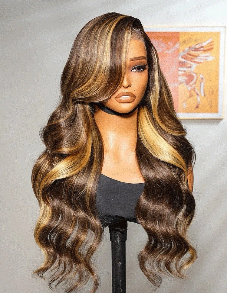 Human Hair Glueless Lace Front Pre Styled Honey Blonde Wavy 250% Density Wig
