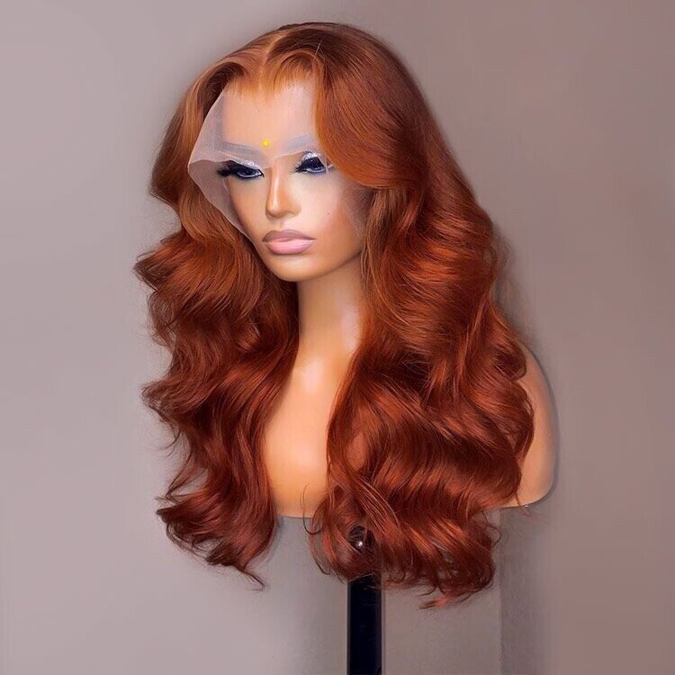 Womens Human Hair Wigs Glueless Full Lace Front Long Wig UK #Ginger Orange