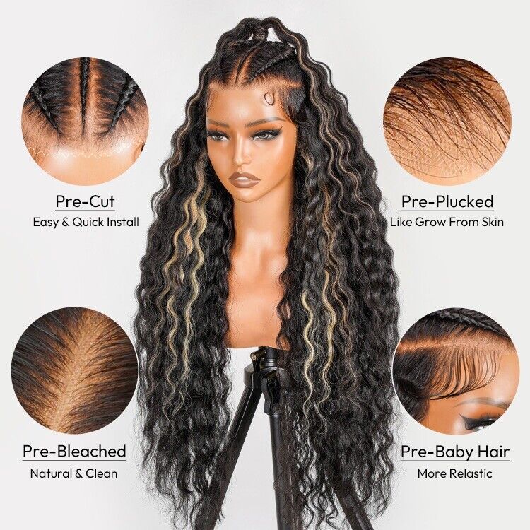 Human Hair Wigs Glueless Pre Styled Braided Lace Front Wear Go Wavy Wig Women UK