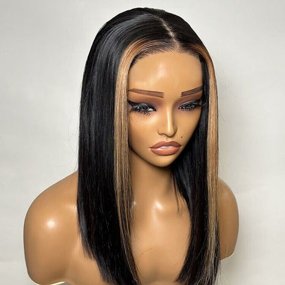 Human Hair Wigs Glueless Ready To Wear Lace Front Straight Bob Highlights Wig UK