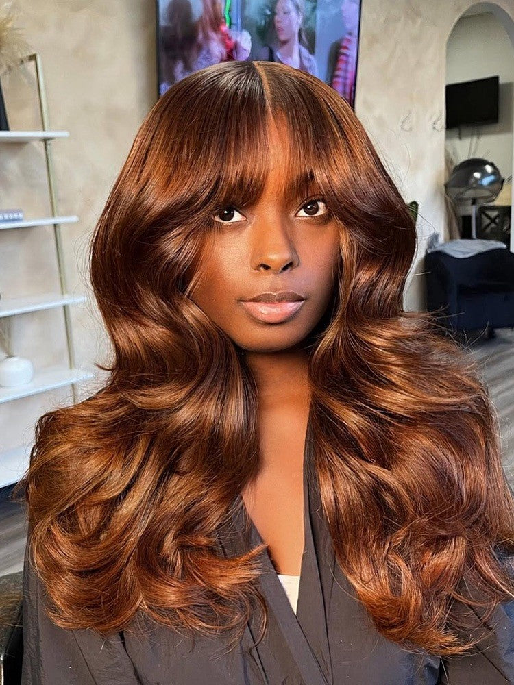 Pre-Everything Glueless Wig With Bangs Loose Wave Cinnamon Brown 250% Density 